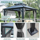 Howsvn 10'x10' Hardtop Gazebo, Outdoor Polycarbonate Double Roof Gazebos with Netting and Curtains, Heavy Duty Metal Pavilion for Patio, Backyard, Deck and Lawn HOWSVN