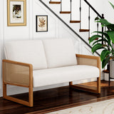 Apeaka Small Loveseat Sofa with Rattan Arms Linen Mini Couch for Living Room Bedroom Modern Upholstered Love Seat with Wood Legs Ivory Apeaka