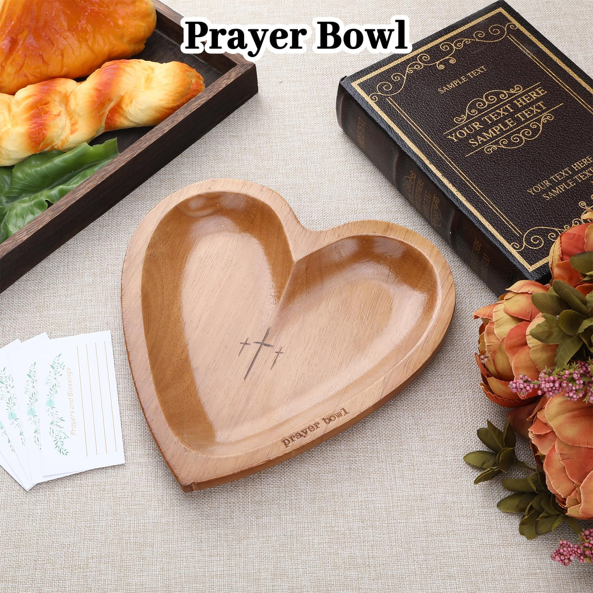 Heart Prayer Bowl with Cross, Prayer Bowl Wooden, Dough Bowl, Wooden Bowl, Prayer Bowl, Heart Bowls, Decor Bowl for Prayer Table, Prayer Bowls with Cards, Prayer Gifts for Women (Wood) Hoohnnaa