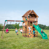 Backyard Discovery Highlander All Cedar Wooden Swing Set, 3 Levels, Step Ladder, Snack Bar with Bench, Sandbox, 2 Belt Swings, Web Swing, 10ft Wave Slide, Rock Wall, Backyard Discovery