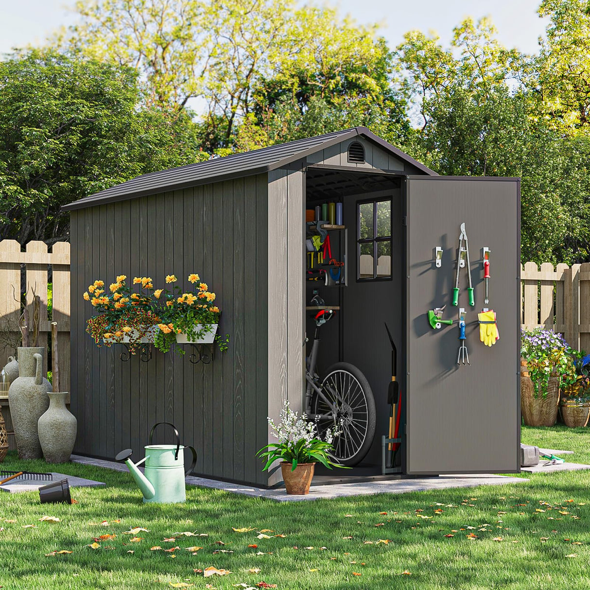 Patiowell 4 x 8 FT Plastic Outdoor Storage Shed with Floor, Resin Outside Shed with Windows and Lockable Door for Backyard Garden Patio Lawn, Easy Installation, Dark Gray (Fit-it Shed) Patiowell