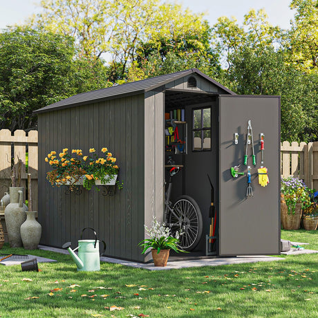 Patiowell 4 x 8 FT Plastic Outdoor Storage Shed with Floor, Resin Outside Shed with Windows and Lockable Door for Backyard Garden Patio Lawn, Easy Installation, Dark Gray (Fit-it Shed) Patiowell
