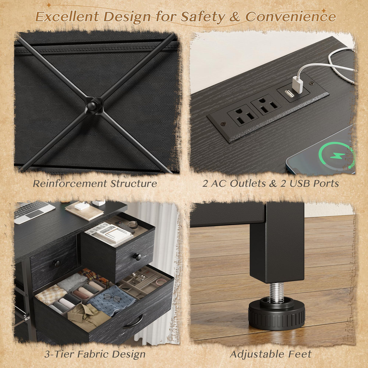 EnHomee 54" H Dresser for Bedroom with LED Lights & Power Outlets Dresser with 8 Drawers Fabric Dressers & Chests of Drawers for Bedroom, Sturdy Metal Frame, Acrylic Plates (Charcoal Black) EnHomee