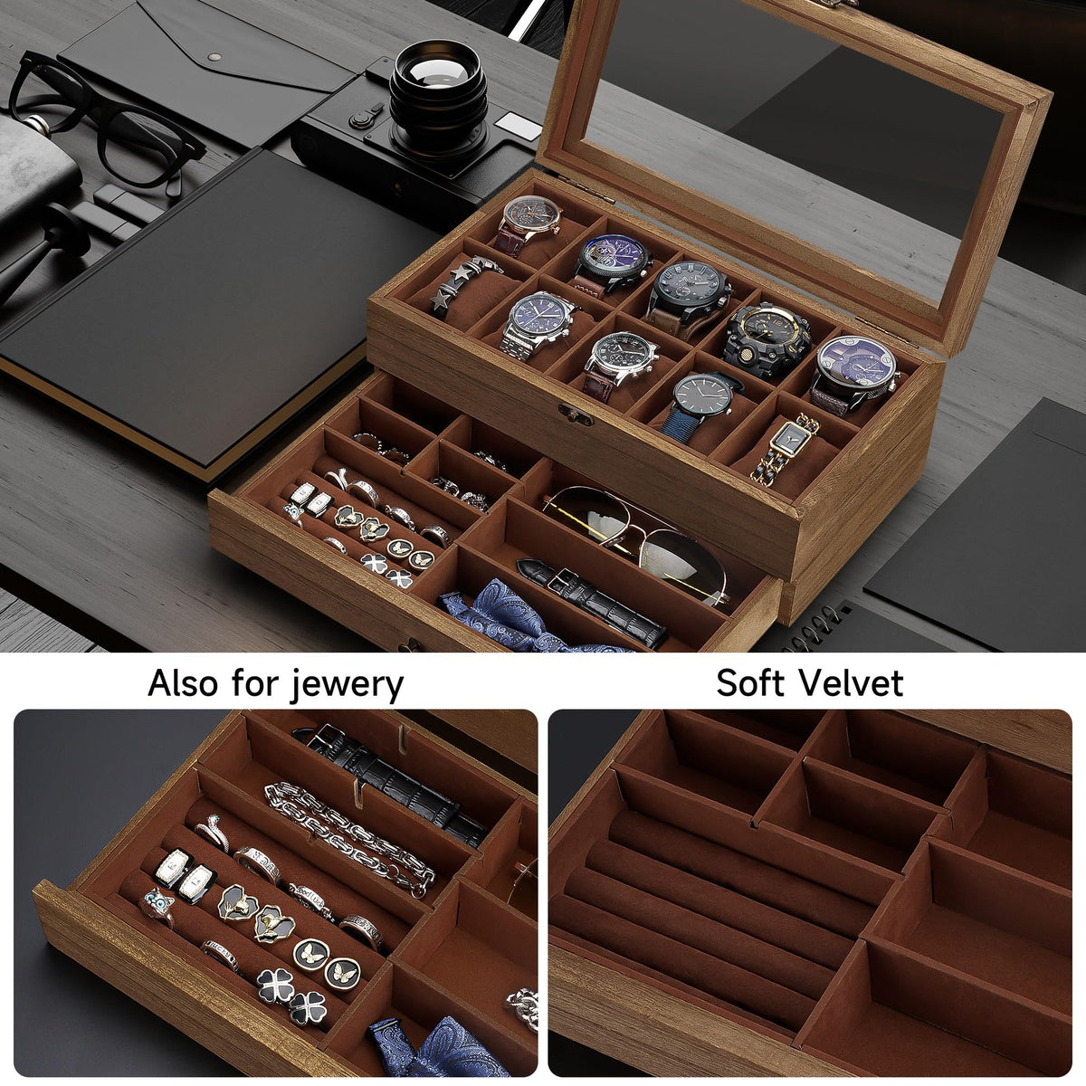 GALHUBIS Watch Box with 10 Slots, 2-Tier Watch Case for Large Dial Watches, Watch Display Case with Lid, Removable Watch Pillows, Gifts for Men Women, Watch Organizer with Drawer, Jewelry Box, Walnut GALHUBIS