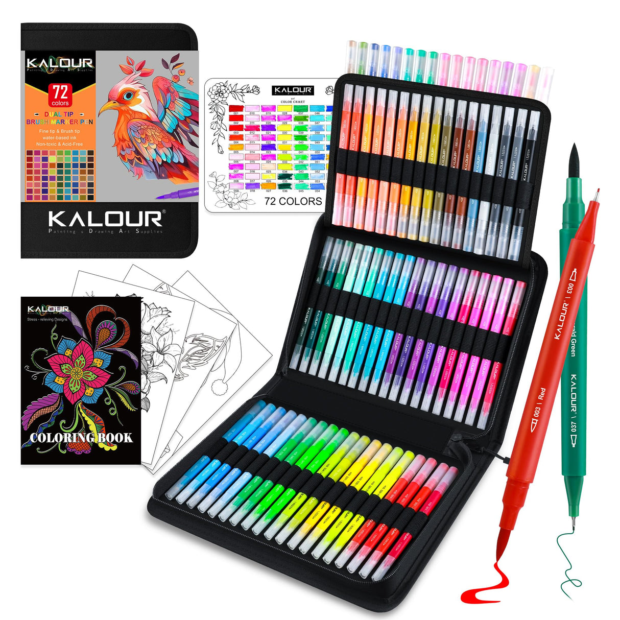 KALOUR 72 Art Markers Pens Set, Dual Tip Brush and Fine Point, Color Number and Name, Zipper Case, Adult Coloring, Lettering, Drawing KALOUR