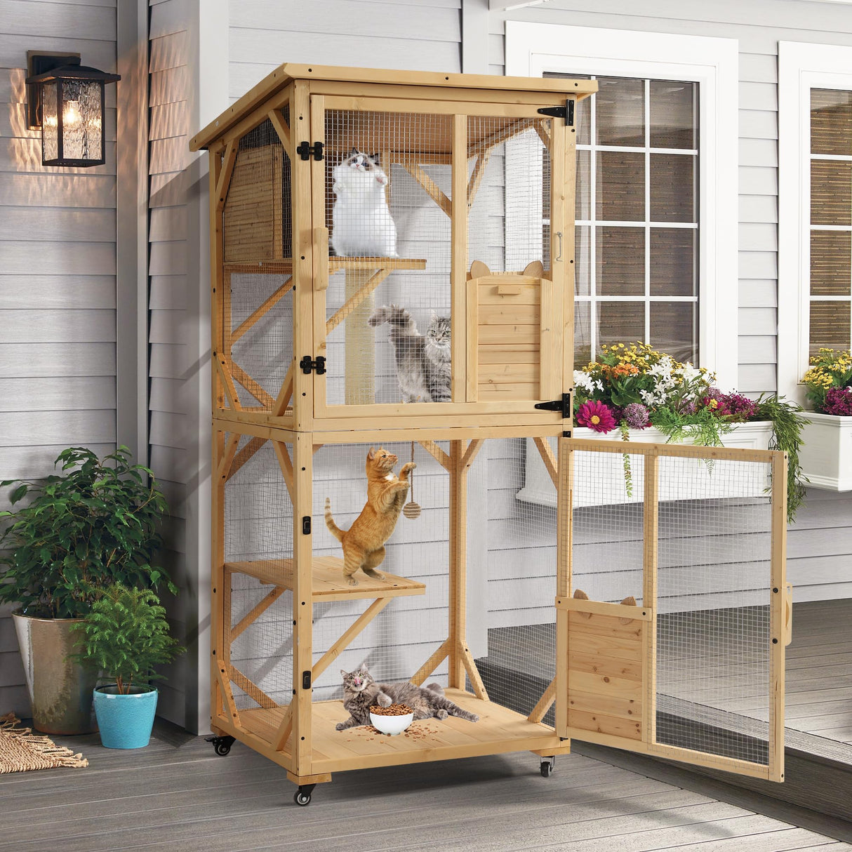 Dephet Catio Outdoor Cat Enclosure with Scratcher - 4-Tier Large Indoor Wooden Window Catio Cats House W/Asphalt Waterproof Roof, Wheels, Resting Box, Platforms, Kitten Toys Ball Dephet