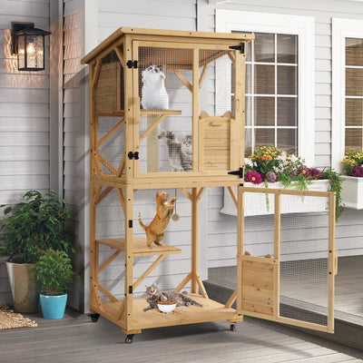 Dephet Catio Outdoor Cat Enclosure with Scratcher - 4-Tier Large Indoor Wooden Window Catio Cats House W/Asphalt Waterproof Roof, Wheels, Resting Box, Platforms, Kitten Toys Ball