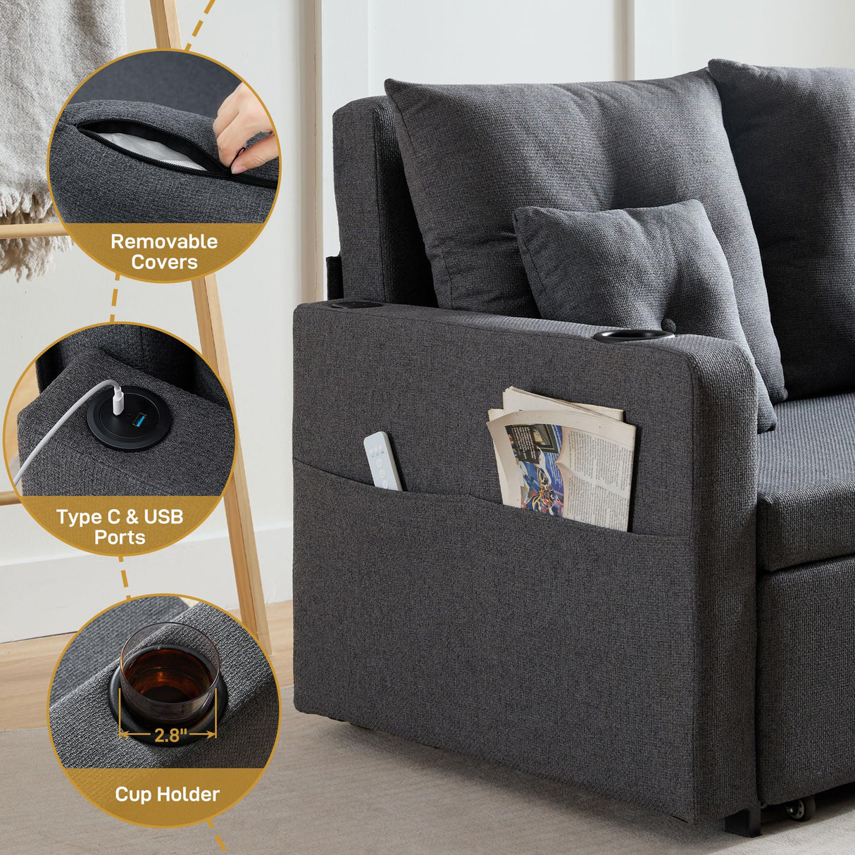 Busaurus 3 in 1 Convertible Sofa Bed, 56" Full Size Loveseat Sleeper Sofa Couch Bed, Sleeper Sofa Bed with Storage Pocket, USB, Comfy Pull Out Sofa Bed for Living Room, Bedroom, Small Space, Dark Grey Busaurus