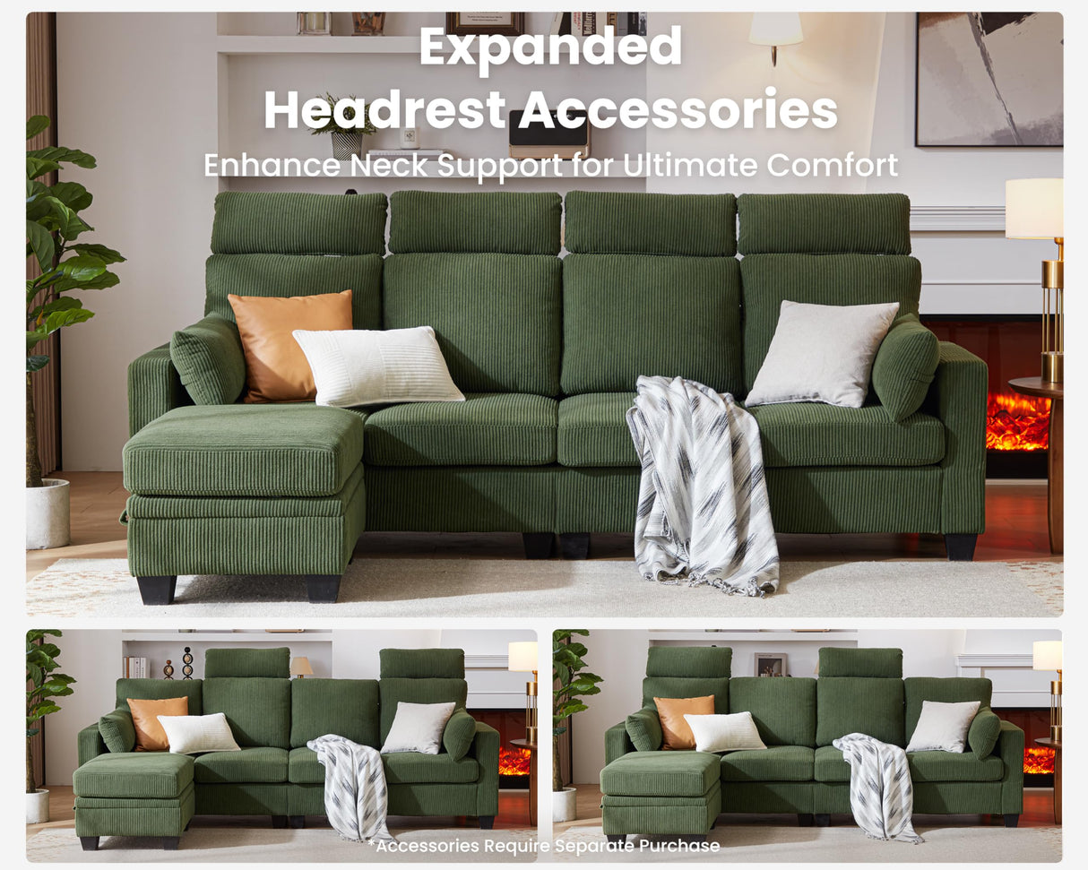 CHIC HOUSE Modular Sectional Sofa Corduroy Couch, Customizable U-Shaped Sofa with Storage Ottoman, Reversible Chaise for Living Room, Oversized L-Shaped Sofa Set (Green, 6 Seater Compact Sleeper) CHIC HOUSE