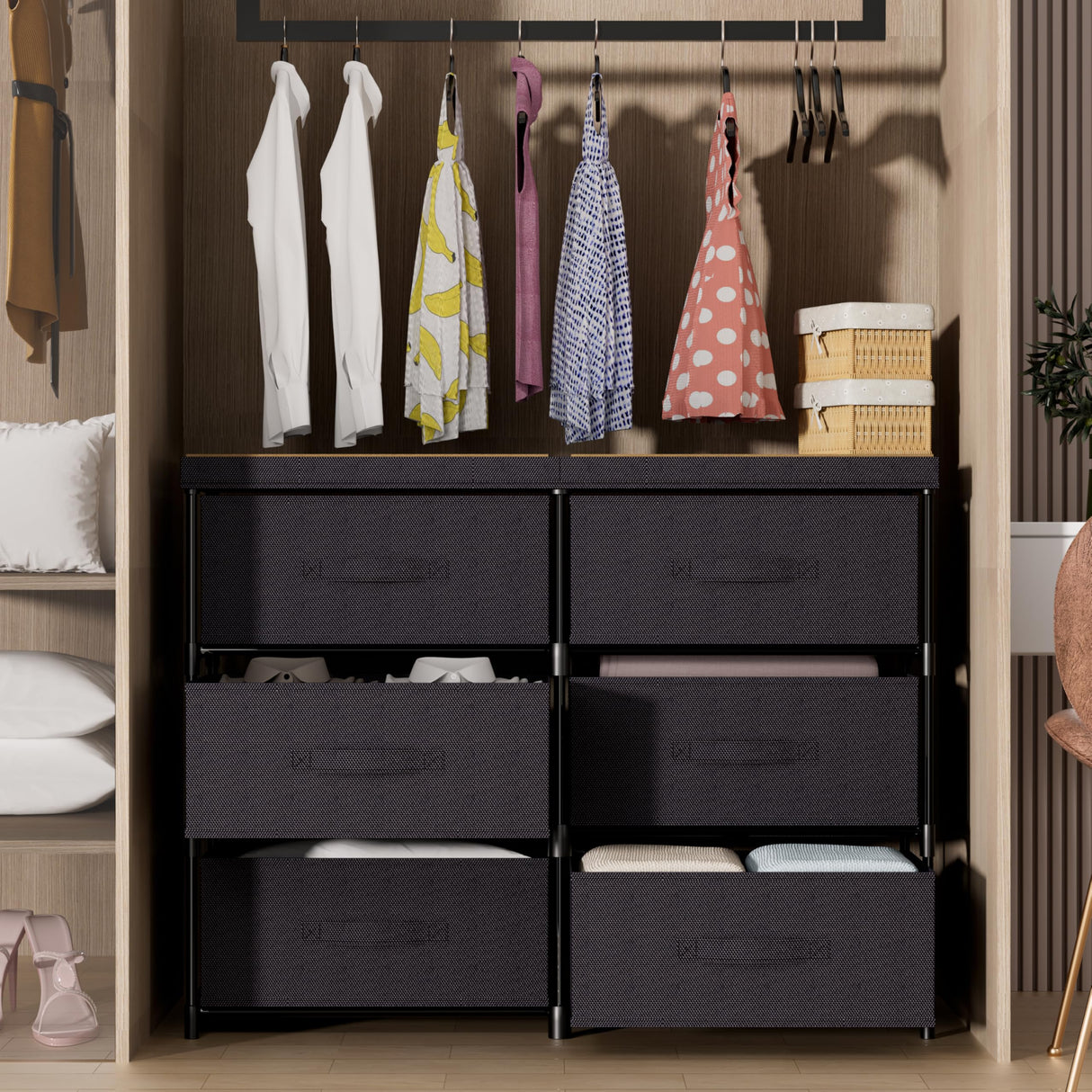 GcdPai Dresser with 6 Fabric Drawer Stand Desktop Sturdy Metal Plastic Support Tube Cube Storage Cabinet for Bedroom Organization Dorm Front Hall Entryway GcdPai