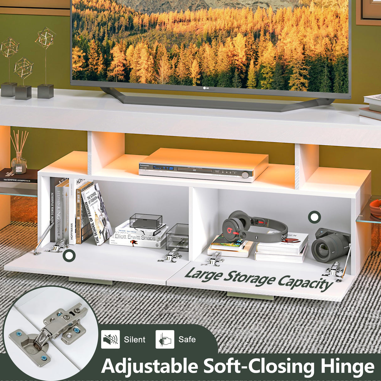 Clikuutory Modern LED 63 inch Long TV Stand with Large Storage Drawer for 50 55 60 65 70 75 Inch TVs, White Wood TV Console with High Glossy Entertainment Center for Living Room, Bedroom, White Clikuutory