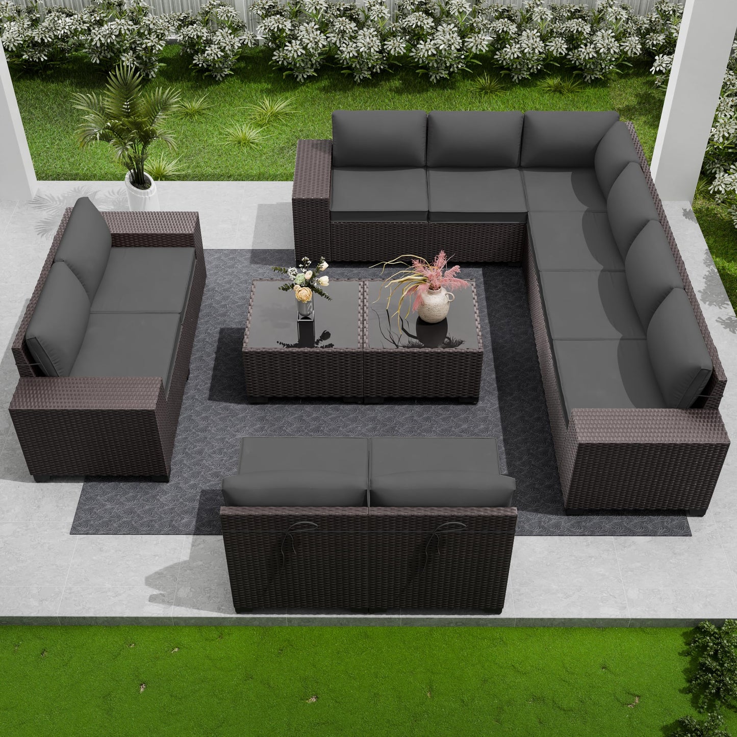 RTDTD Outdoor Patio Furniture Set, 12 Pieces Outdoor Furniture All Weather Patio Sectional Sofa PE Wicker Modular Conversation Sets with Coffee Table,10 Chairs & Seat Clips Grey - WoodArtSupply