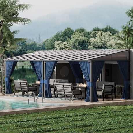 ASJMR Outdoor Lean to Gazebo 10x24FT, Hardtop Wall Mounted Gazebo with Sloping Sun Panel Roof, Awnings for Patio with Metal Frame, Double Curtains for Garden, Lawn, Backyard Deck ASJMR