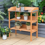 LUARANE Wooden Garden Potting Bench Work Station, 3-Tier Storage Shelf, Metal Tabletop Bonsai Table with 5 Hooks on The Side LDAILY