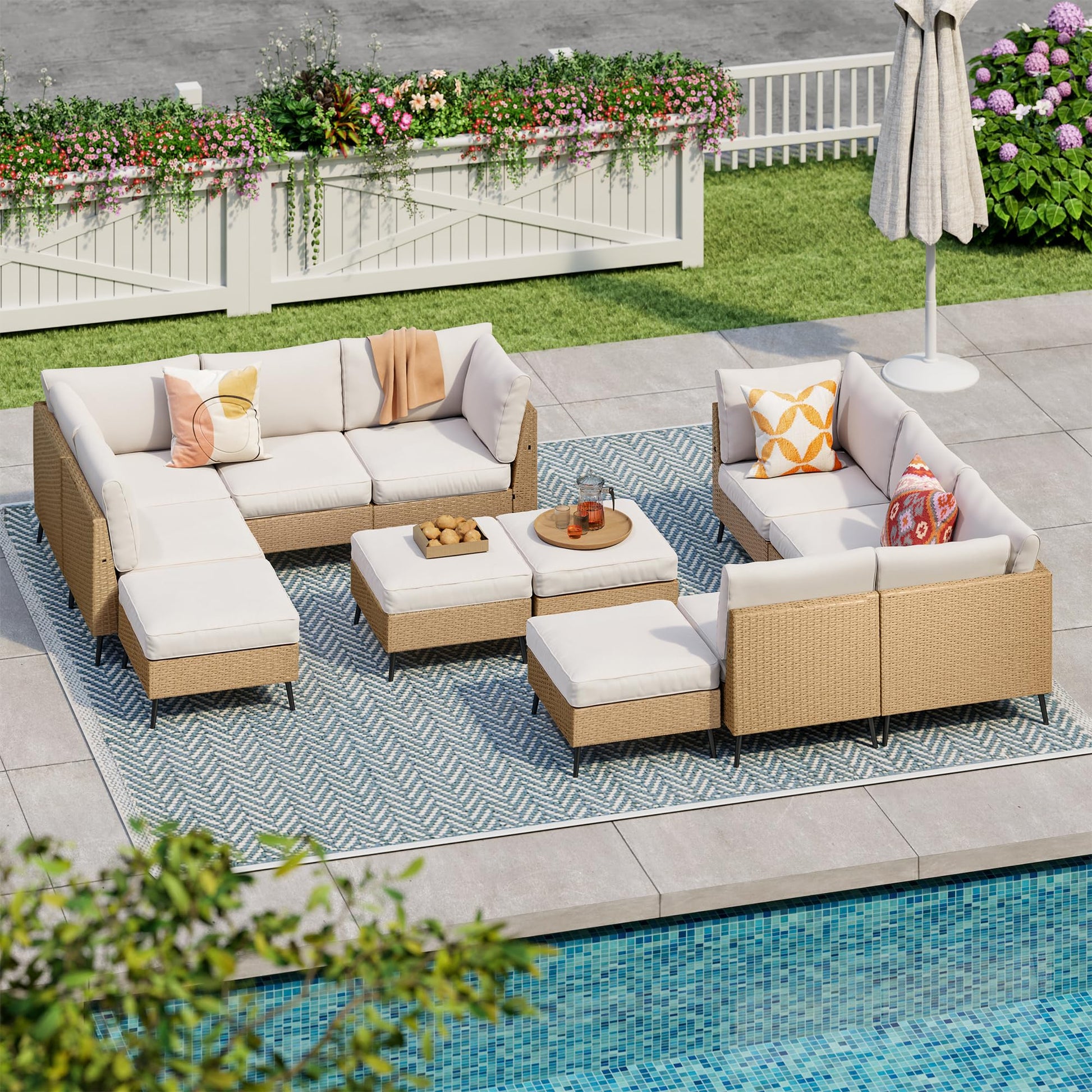 SUNCOZE Outdoor Sectional Furniture, 12 Pieces Outdoor Patio Furniture Sets PE Rattan Wicker Sofa Set, All Weather Patio Conversation Set with Cushion and Ottoman for Deck Lawn Pool - WoodArtSupply