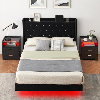 GarveeHome Modern Queen Size Floating Bed Frame with LED Lights and Wingback Storage Headboard - WoodArtSupply