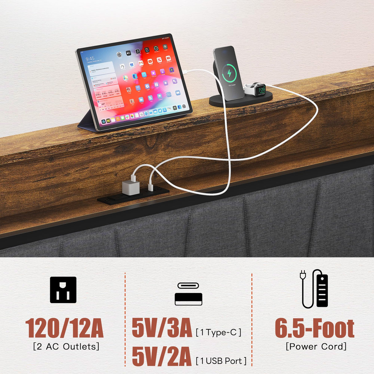 SogesSleep Queen Bed Frame with Headboard, Upholstered Bed Frame Queen Size with Storage and Charging Station & LED Lights, No Box Spring Needed Bed Frame, Noise Free & Easy Assembly SogesSleep