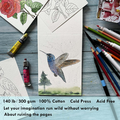 tumuarta Watercolor Coloring Book, 20 Unique Designs, 5x7”, 100% Cotton, 300GSM, 140 LB, Cold Press, Acid Free Watercolor Paper, Glue Bound Mixed Media Sketch Book Birds tumuarta