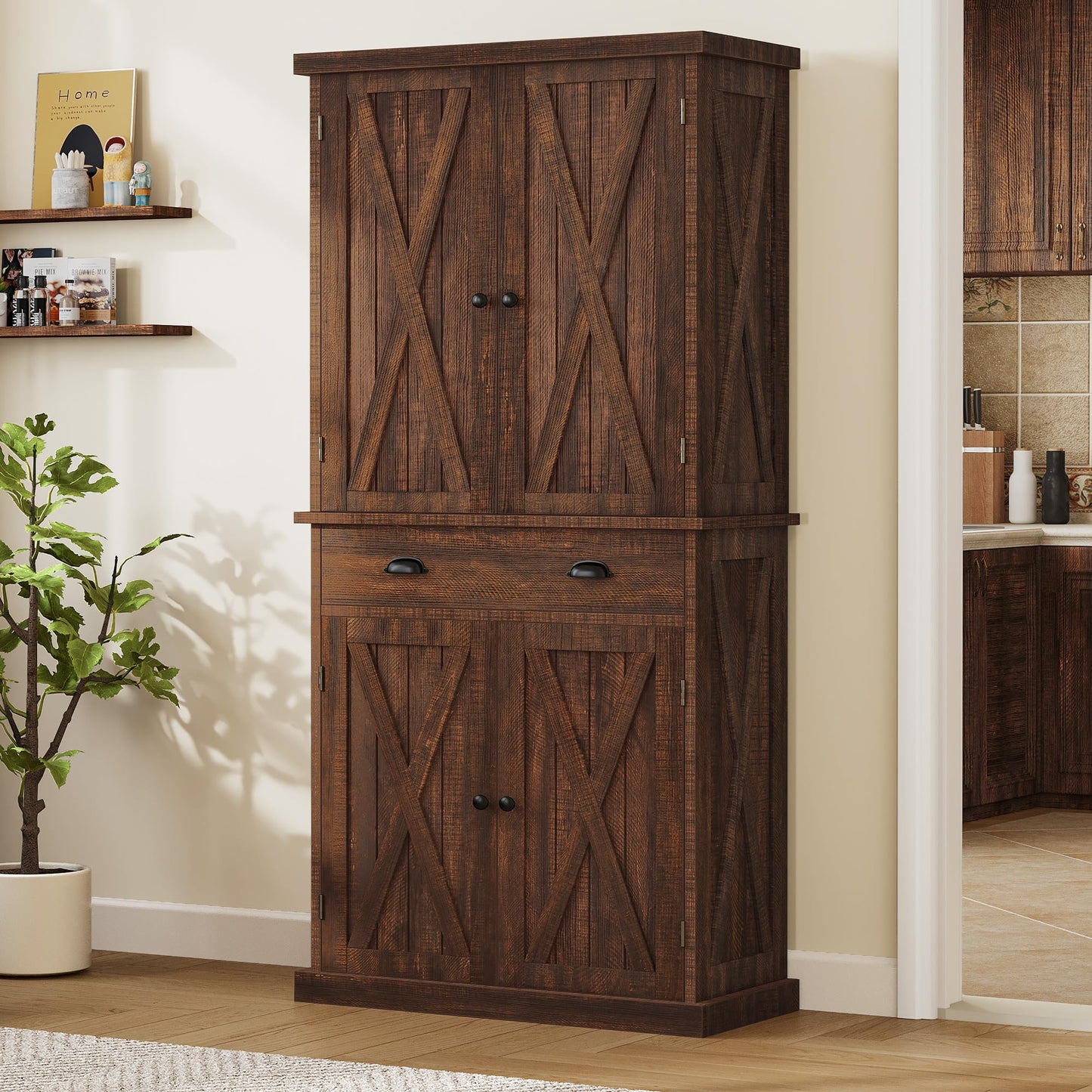 YITAHOME 72'' Tall Kitchen Pantry Cabinets, Farmhouse Storage Cabinets with Barn Doors, Drawer ＆ Adjustable Shelves, Rustic Wood Cupboard for Kitchen for Kitchen, Dining Room, Living Room, Br - WoodArtSupply