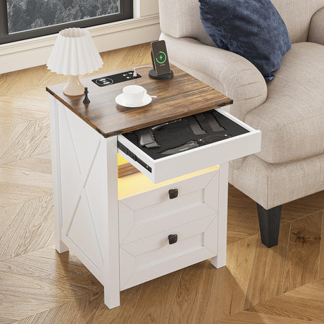 LED Nightstand with Gun Drawer: Bedside Table with Charging Station for Bedroom Furniture – Farmhouse Night Stand with 3 Colors Smart Human Sensor Lights for Living Room End Table, White HWB