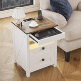 Farmhouse LED Nightstand with Gun Drawer&Invisible Lock,Modern Bedside Table with Human Sensor Design,Rustic Side Table with Wireless Charging for Living Room, White FREDEES