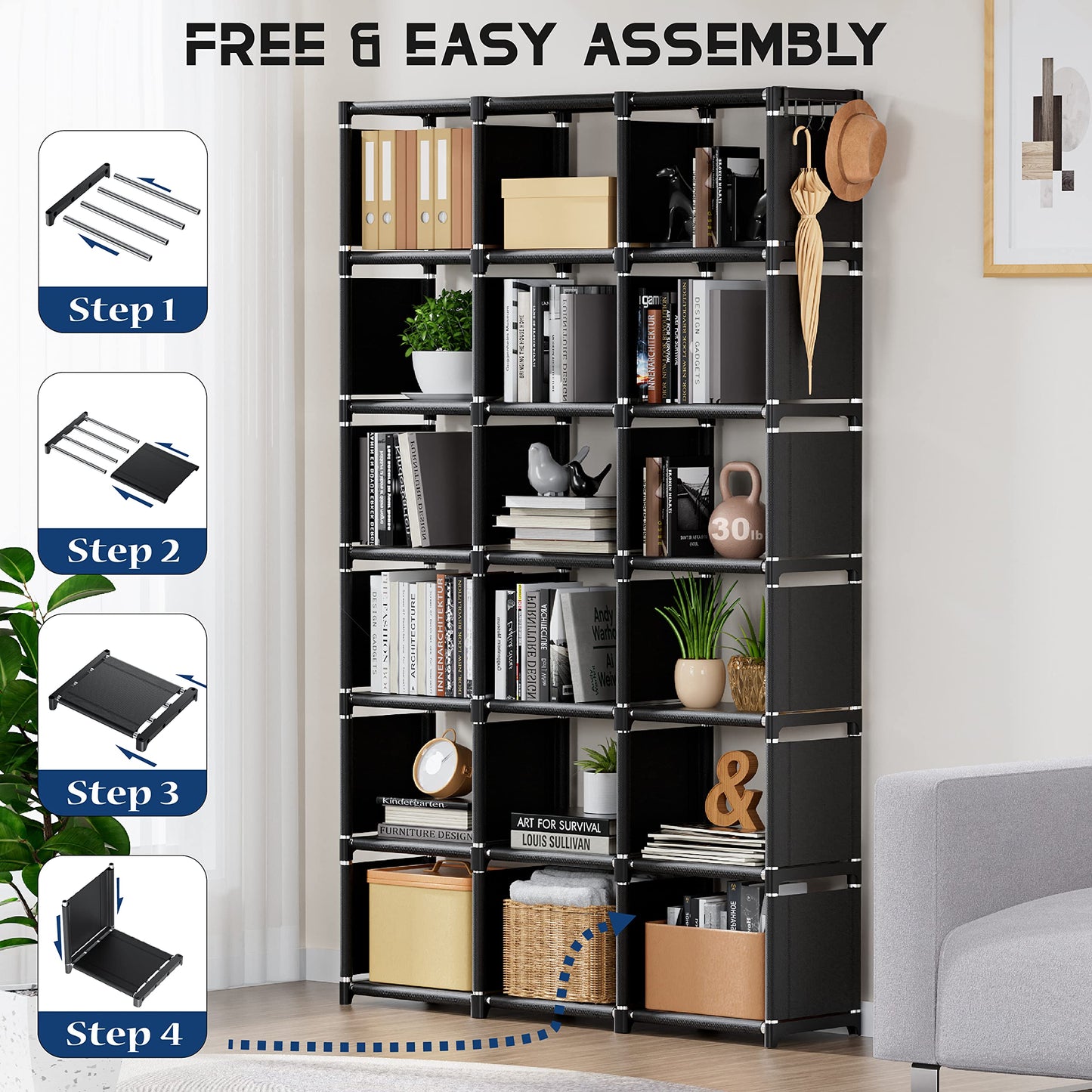 Mavivegue 18-Cube Extra Large Storage Organizer - Versatile Black Bookshelf for Home and Office - WoodArtSupply