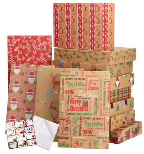 Giiffu 14.5" Medium Kraft Gift Boxes with Lids, 12 Pack Christmas Shirt Boxes with 12 Holiday Designs – Includes Tissue Paper & Stickers Giiffu
