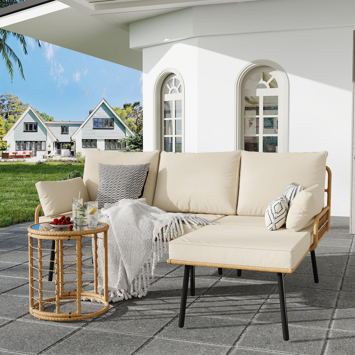 IDEALHOUSE 3 Pieces L-Shaped Conversation Sofa Set, PE Rattan Wicker Outdoor Sectional Couch Patio Set with Detachable Lounger, Thick Cushions, Glass Side Table for Backyard, Porch, Deck, Beige IDEALHOUSE