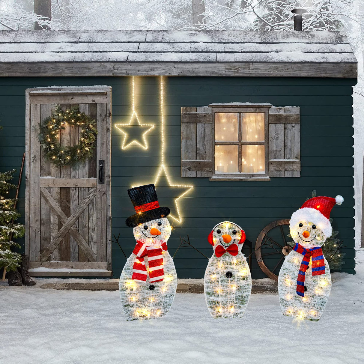 HOURLEEY Christmas Decoration 55 L Lighted Snowman Family Outdoor, 3-Piece Waterproof Plug in 2D Snowman for Yard Patio Lawn Garden Party Decor 20.5X9X29.5Inch-Large (Warm White) Hourleey