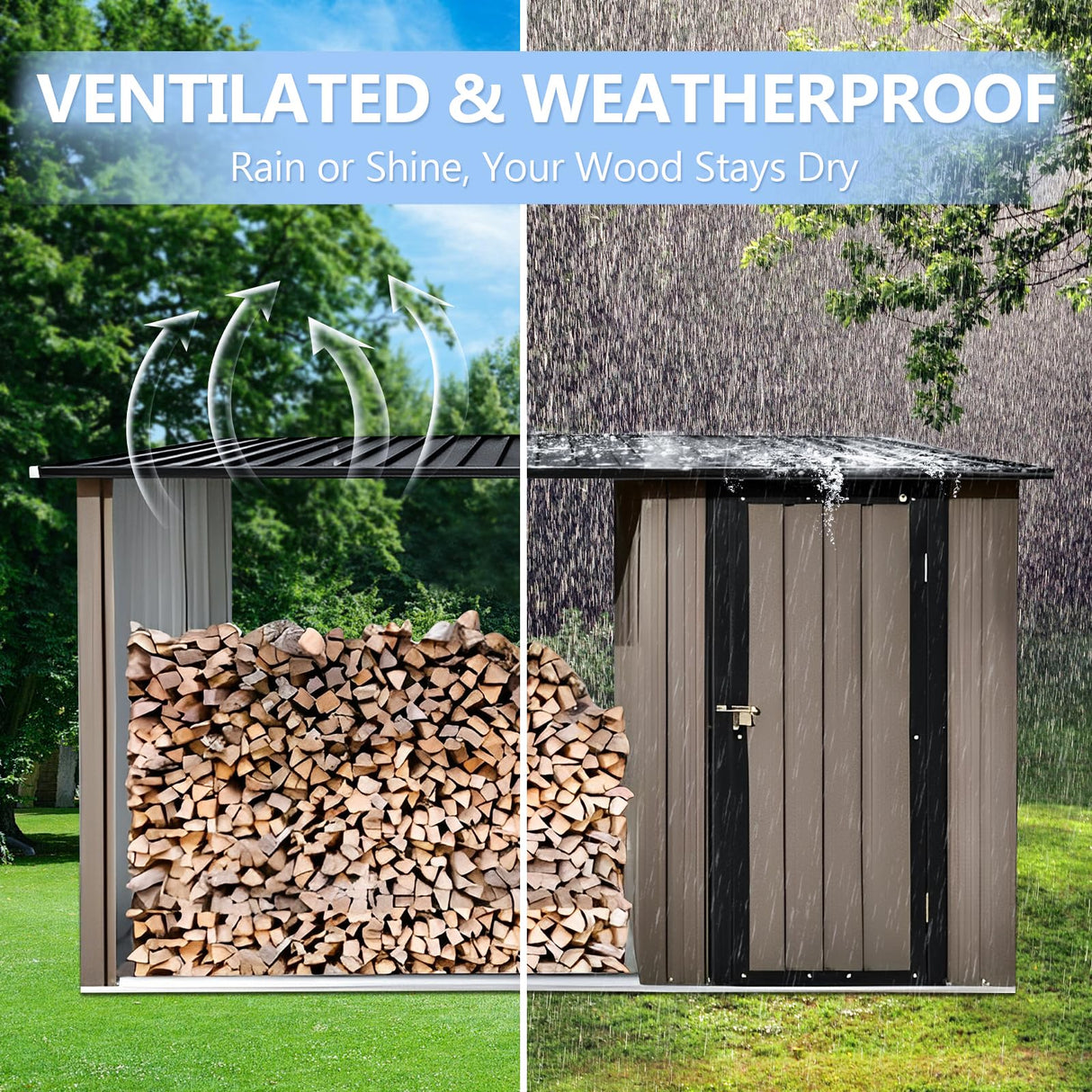 2-in-1 Metal Outdoor Storage Shed with Tool Locker & Firewood Storage, 8.75× 3.33 FT Firewood Shed - Weatherproof & Versatile, Steel Garden Sheds for Backyard Garden Patio Lawn - Brown Garden Tailor