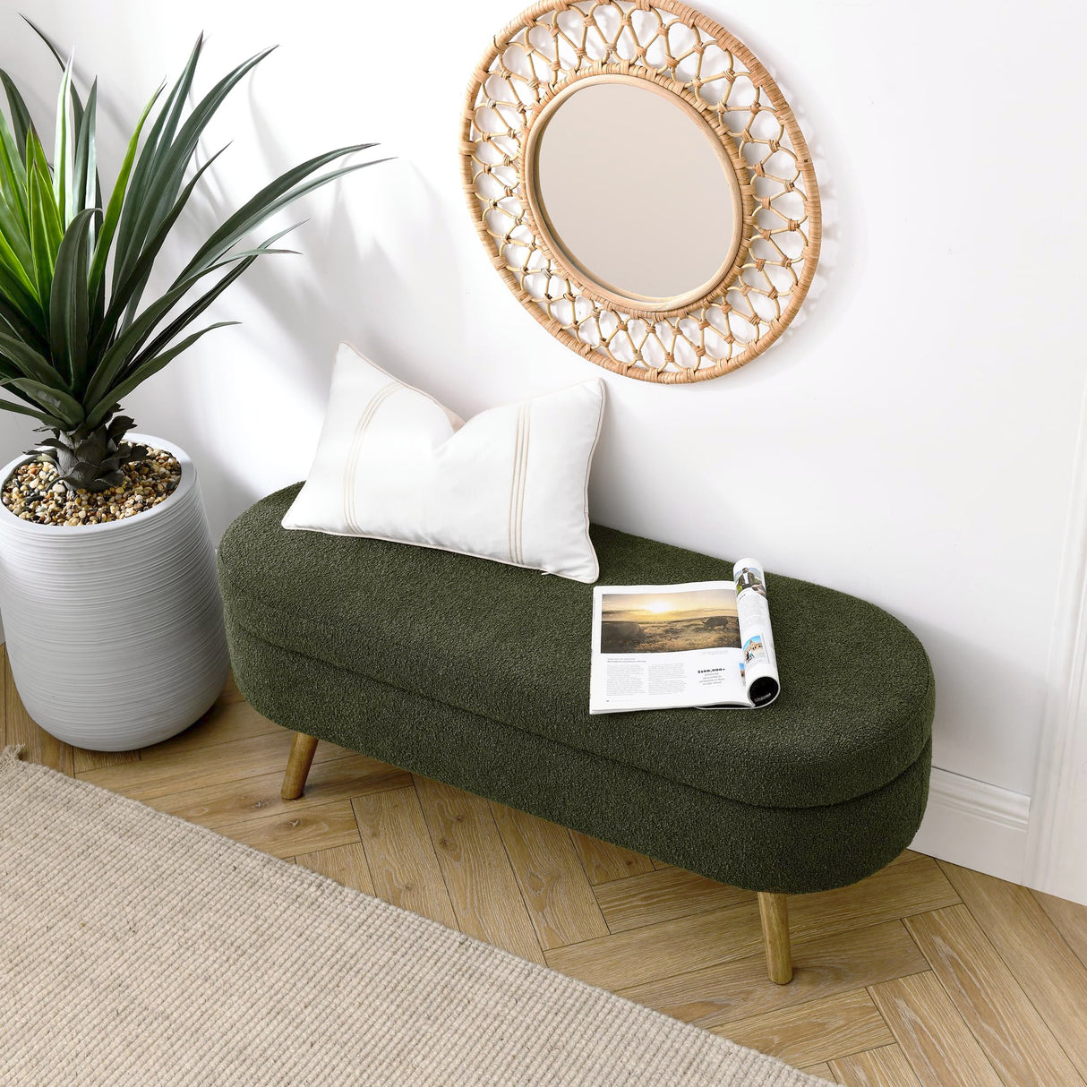 ECLYL Oval Storage Bench 43.5" Linen Fabric Upholstered Entryway Bench with Solid Wood Legs Ottoman Bench Indoor Bench for Living Room/Bedroom/End of Bed/Entryway (Dark Green) ECLYL