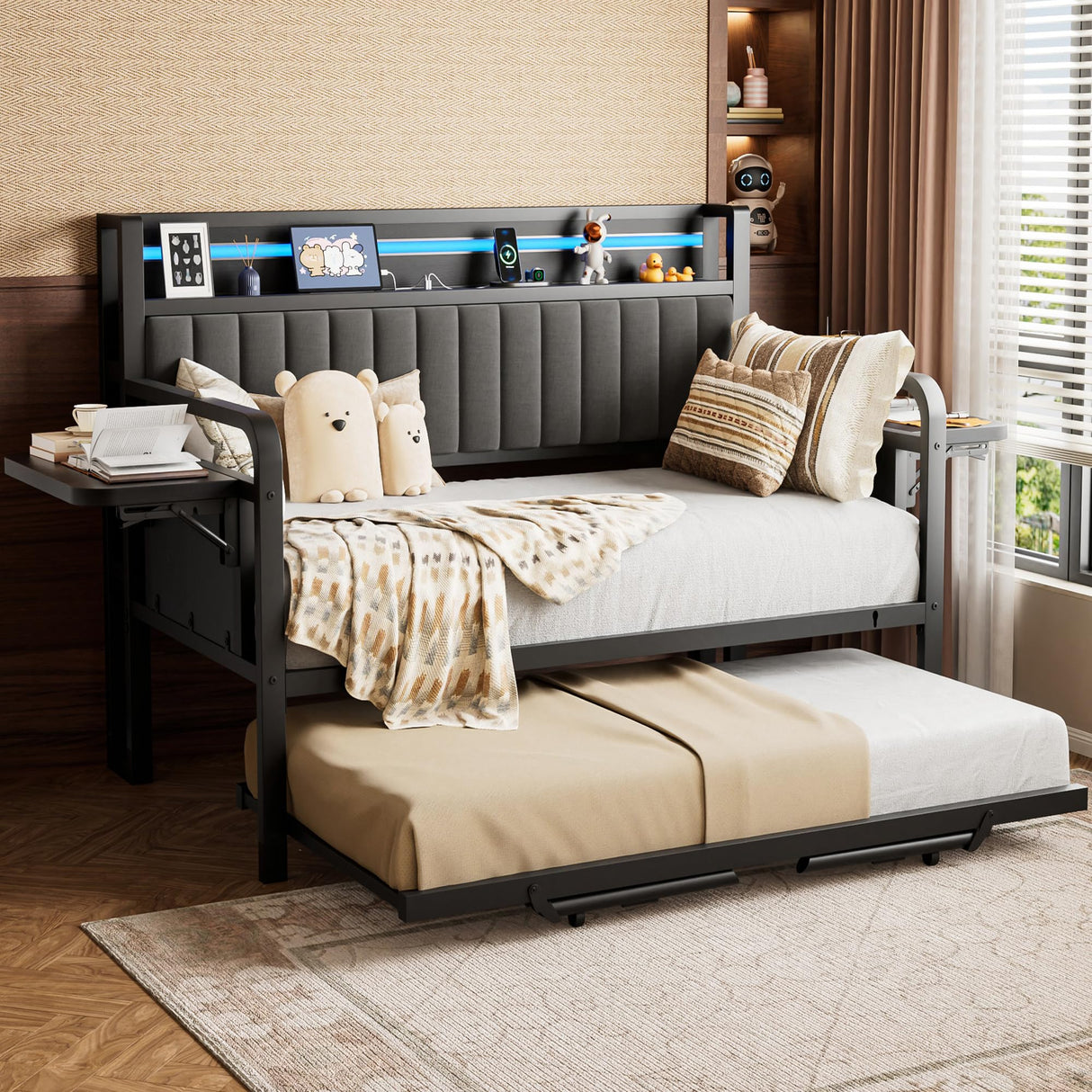 Daybed with Trundle and LED Light, Heavy Duty Metal Twin Bed Frame with Upholstered Storage Headboard & Charging Station, Day Bed Pop Up Trundle Bed Twin for Living Room,Bedroom and Guest Room (Black) Jocoevol