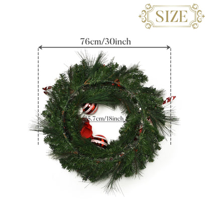 Valery Madelyn 30 Inch Pre-Lit Christmas Wreath for Front Door with Lights, Large Candy Cane Lighted Christmas Wreath with Red White Xmas Ball for Fireplace Window Outdoor Table Centerpiece Decoration