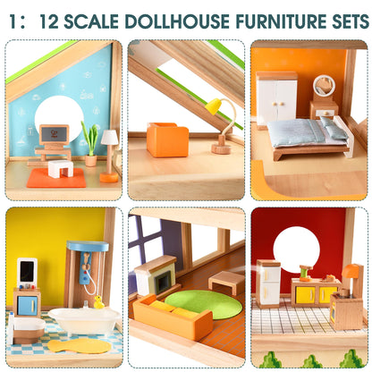 All Seasons Kids Wooden Dollhouse by Hape | Award Winning 3 Story Dolls House Toy with Furniture, Accessories, Movable Stairs and Reversible Season Theme L: 23.6, W: 11.8, H: 28.9 inch - WoodArtSupply