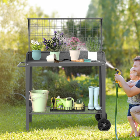 Outdoor Metal Potting Bench with Wheels, Heavy Duty Garden Workbench Table with Storage Shelf (Dark Gray, 52.8"x36.6") DDK
