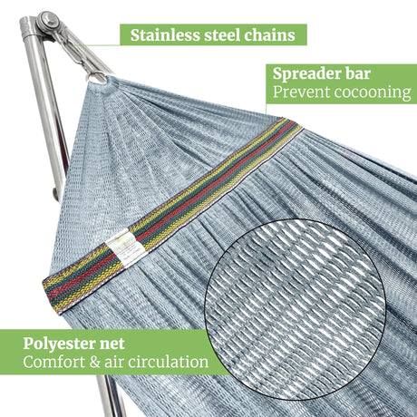 Tranquillo Double Hammock with Stand 650lb Capacity Double Hammock with Spreader Bar, Solid Grade 201 Stainless Steel 30s Set Up, Sturdy Flexible Hammock Stand Portable, Outdoor Indoor, Grey Tranquillo