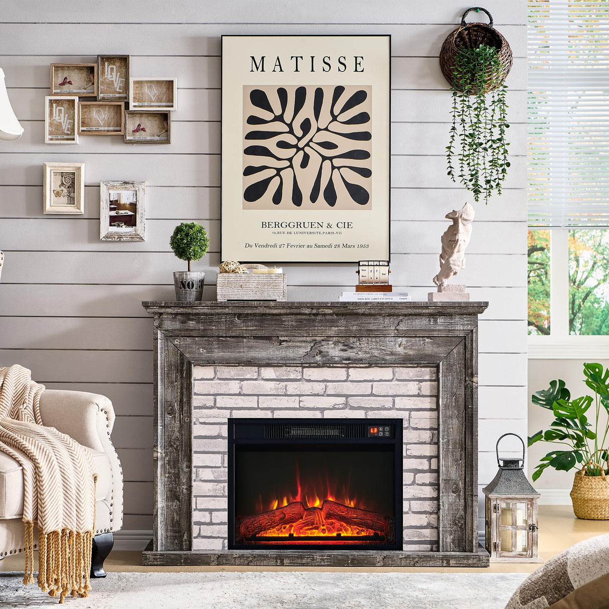 Aitjunz 45" Flip Top Electric Fireplace with Mantel, Electric Fireplace Heater, TV Stand with Freestanding Electric Fireplaces, Remote Control, Adjustable Flame Level for Living Room (Light Grey) Aitjunz