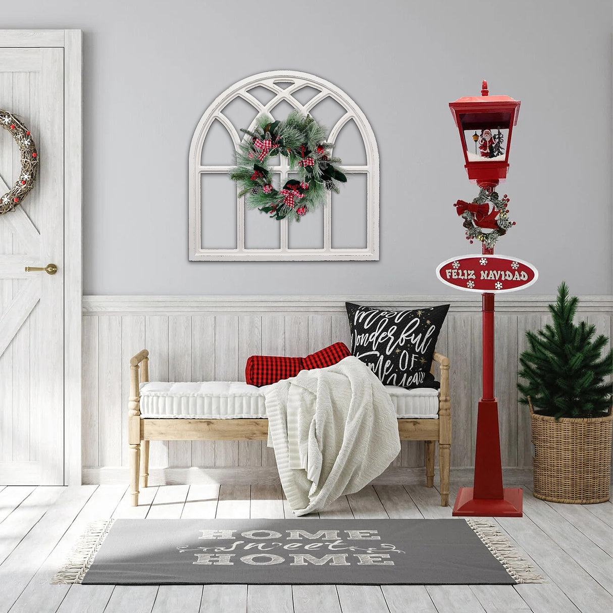 Sintosin Farmhouse White Arched Window Frame Decor 32 Inch, Hanging Distressed Wooden Rustic Window Frames for Wall Decor, Window Pane Wall Decor for Living Room Christmas Halloween Sintosin