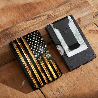 MIFANYO Minimalist Aluminum Wallet for Men, Slim RFID Blocking Money Clip, Front Pocket Metal Card Holder for Business Travel, Wood Grain American Flag, Personalized USA Gift for Soldiers Vet - WoodArtSupply