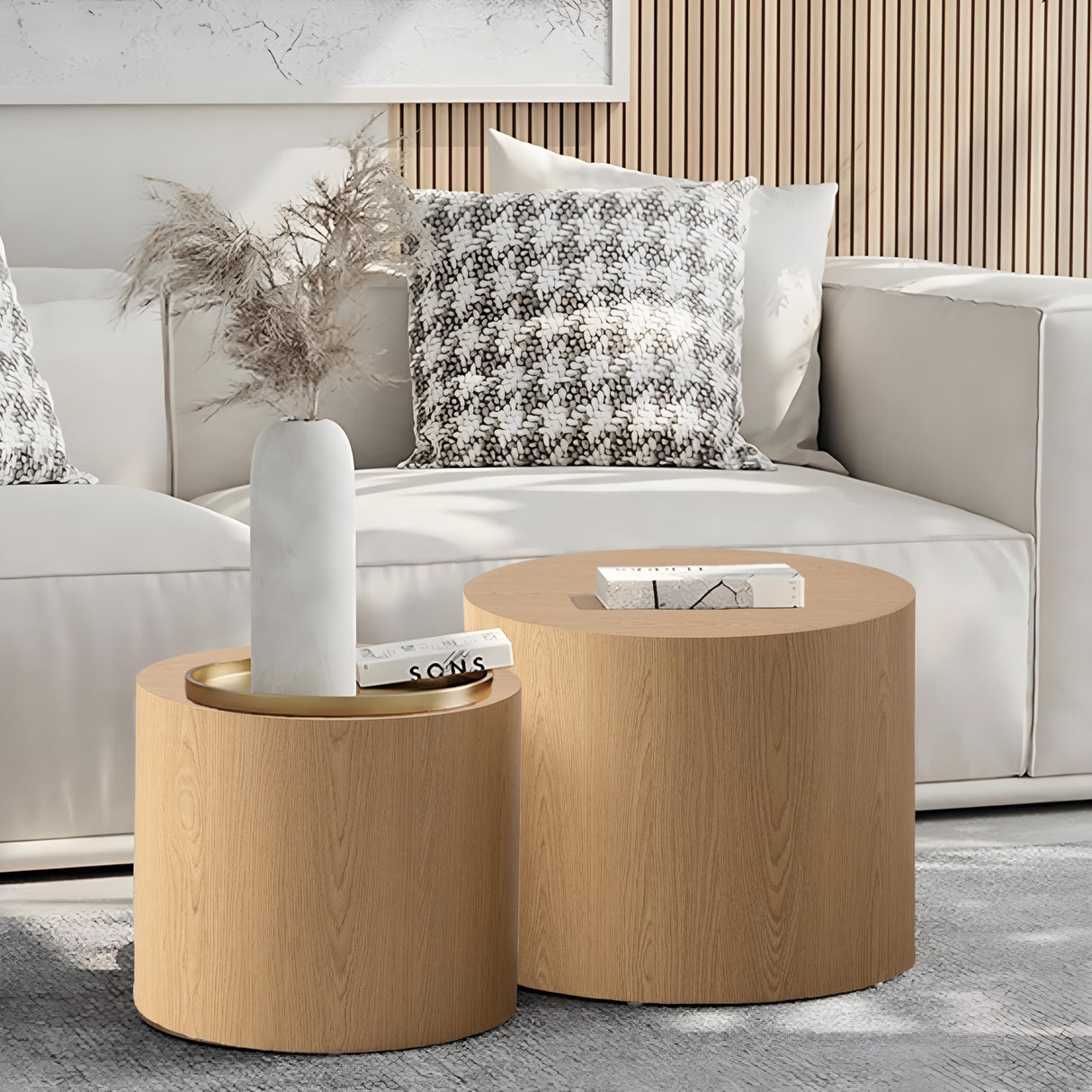 Round Nesting Coffee Table Set of 2 Modern Round Fluted Coffee Table Small Round Coffee Table Circle Side Table Circular End Table Nested Coffee Table for Living Room (Light) YYZIWYUN