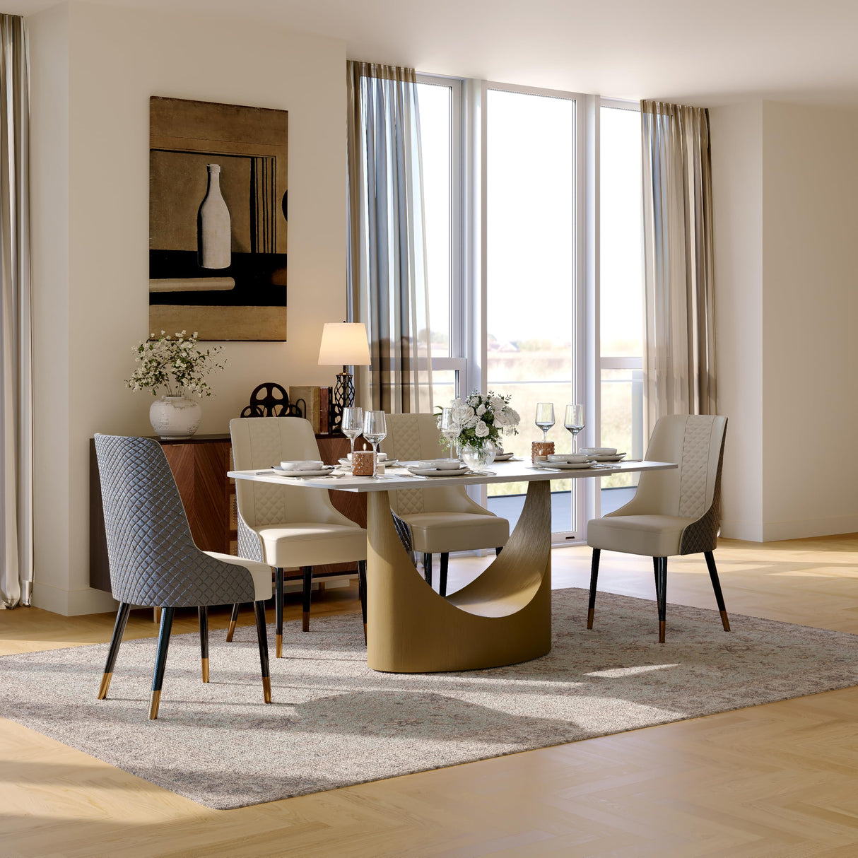 POVISON 71" Hobart Modern Dining Table for 6-8, Matte White Dining Table Sintered Stone Dining Tabletop with Bronze Carbon Steel Pedestal for Dining Room (Table Only) POVISON