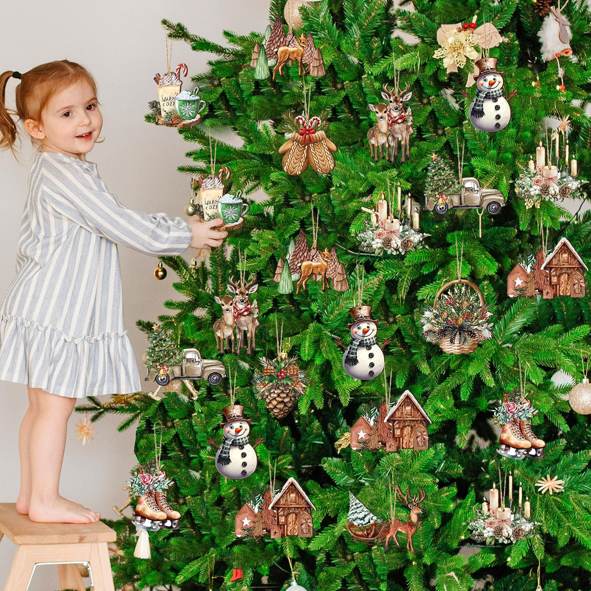 36 Pieces Christmas Wooden Tree Hanging Ornaments Christmas Wooden Pine Cone Elk Truck Snowman Gingerbread House Hanging Signs Christmas Wooden Decor with Rope for Xmas Party Huwena