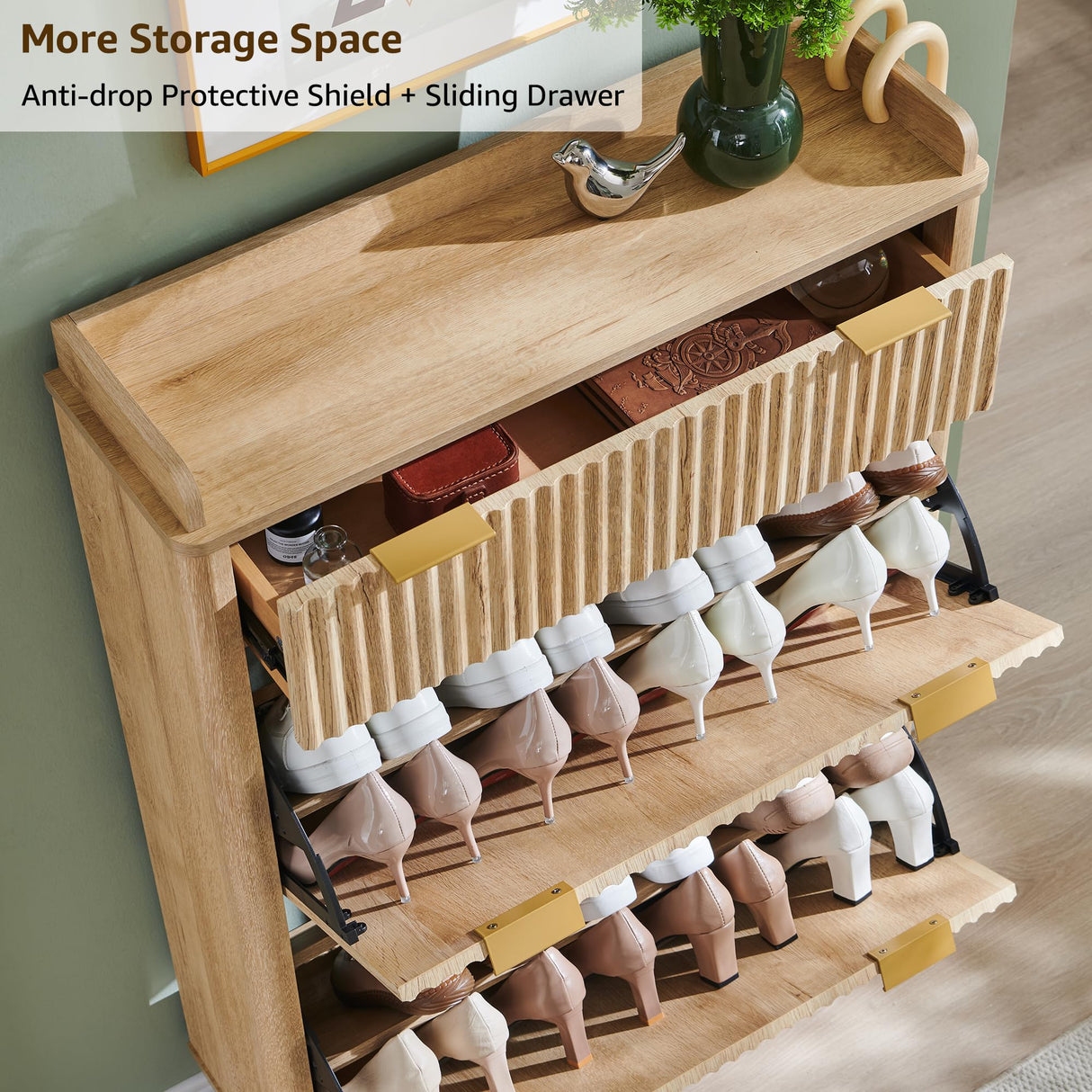 T4TREAM Fluted Shoe Storage Cabinet with 2 Flip Drawers & Top Drawer, 48" Tall Narrow Shoe Organizer, Curved Profile Design, Wooden Shoe Rack for Entryway, Living Room, Hallway - Natural Oak T4TREAM