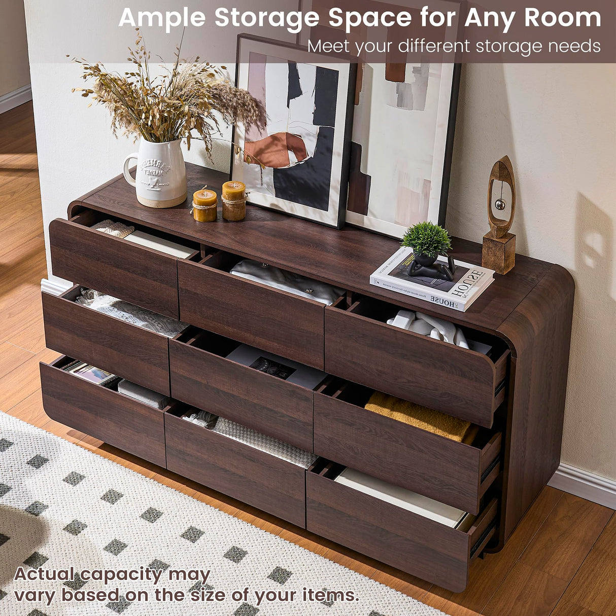 Standifurno 9 Drawer Double Dresser for Bedroom, Modern Curved Wood Chest Drawers of Handleless, Large Storage Dresser Bedroom, Living Room, Entryway, Walnut Standifurno
