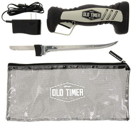 Old Timer Cordless Electric Fillet Knife with 8in Fully Serrated Stainless-Steel Blade, Trigger Lock, Rechargeable Battery, and Self Draining Case for Fishing, Meat Carving, Filleting, and Outdoors Old Timer