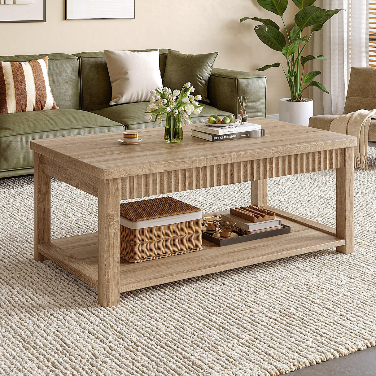 Homkdom Coffee Table, 39 Inch Modern Coffee Tables for Living Room with 2-Tier Storage & Wave-Edge, Oak Center Table for Bedroom/Office Homkdom