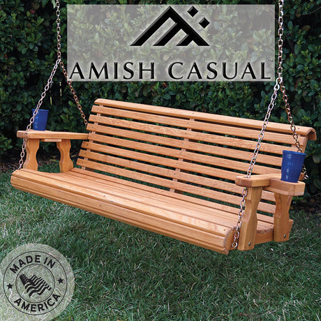 Amish Casual 4 Foot Roll Back Porch Swing with Cup Holders in Cedar Stain - Amish Made in The USA from Treated Pine, Heavy Duty 700 Lb Weight Capacity Amish Casual