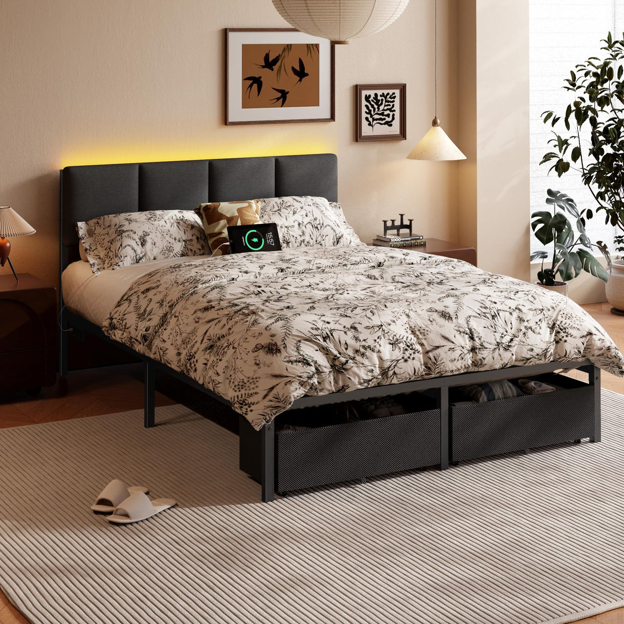 Furnulem Full Size Bed Frame with Headboard,Upholstered Bed Full with LED Light,USB Charging Station,Platform Bedframe with 2 Fabric Underbed Storage Drawers,No Spring Box Needed Furnulem