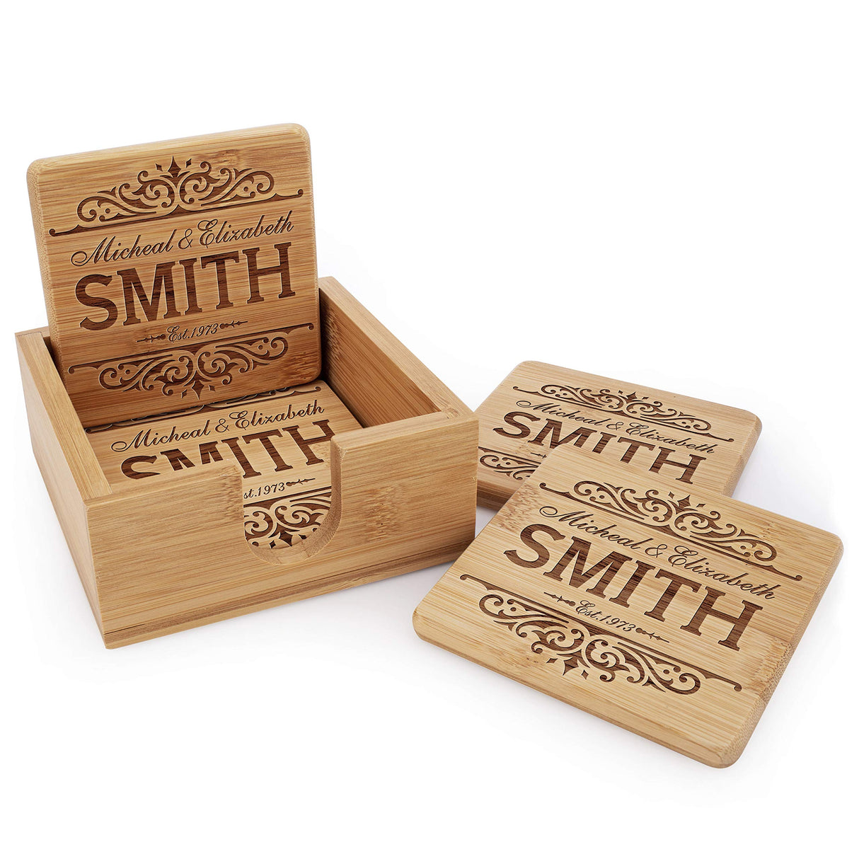 Set of 4 - Personalized Coasters w/Holder - 6 Designs - Custom Laser Engraved Bamboo Coasters - Wedding Gifts for The Couples, Anniversary, Engagement USA Custom Gifts