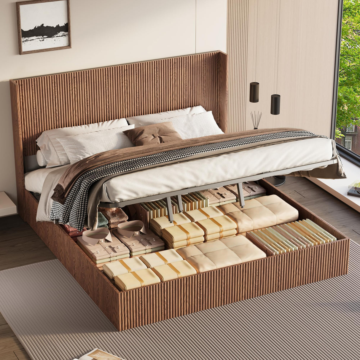 Lift Up Storage Bed King Size, King Bed Frame with Headboard and Lift Storage System, Wood Headboard with Wing-Back and Convex Groove Board Design Bellemave